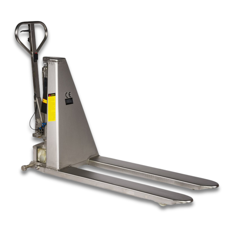 RVS304 elektrische schaarpalletwagen met de vorken op de grond.