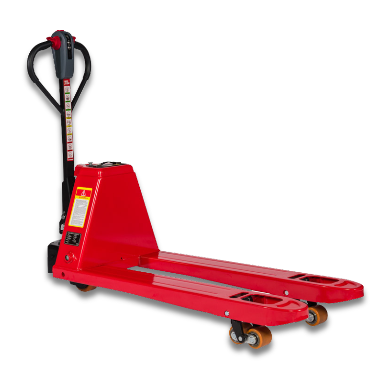 Vooraanzicht van de elektrische pompwagen van Weldon, met de vorken verhoogd.