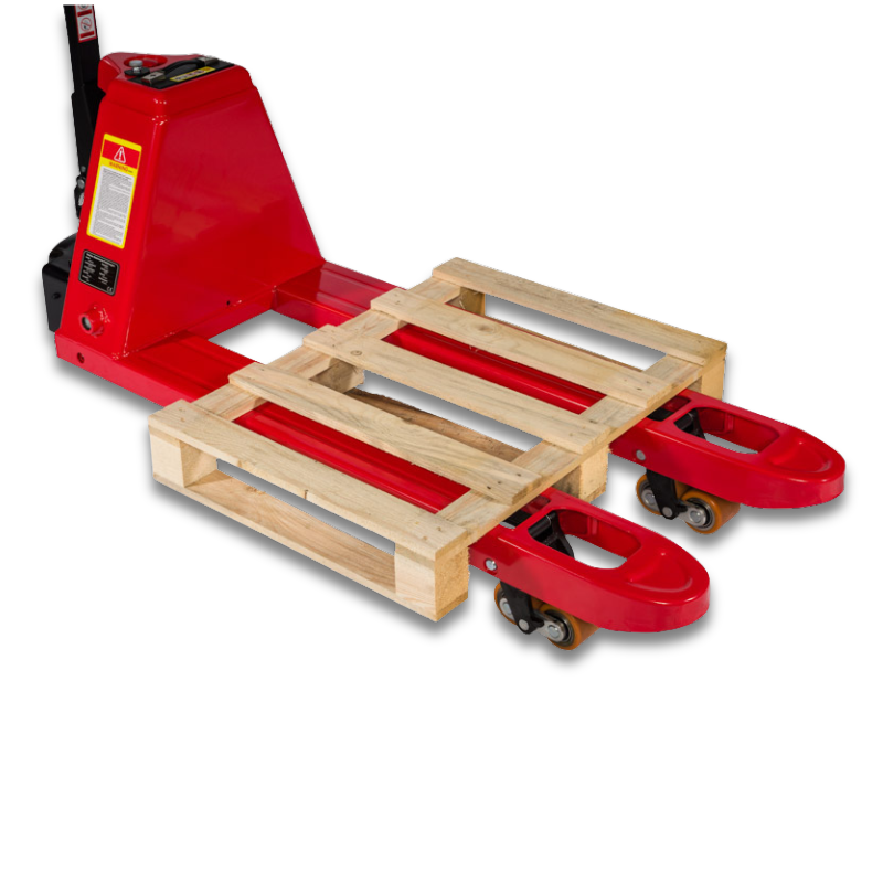 De elektrische pompwagen van Weldon met pallet op de vorken.