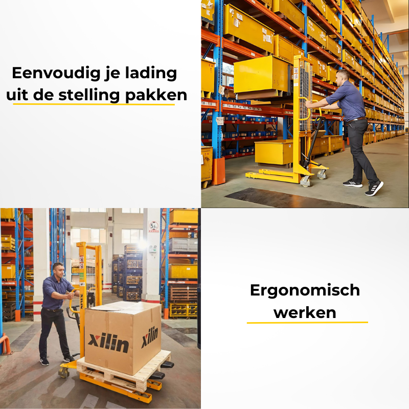 Werknemer gebruikt een gele handmatige stapelaar om eenvoudig een lading te tillen in een magazijn.