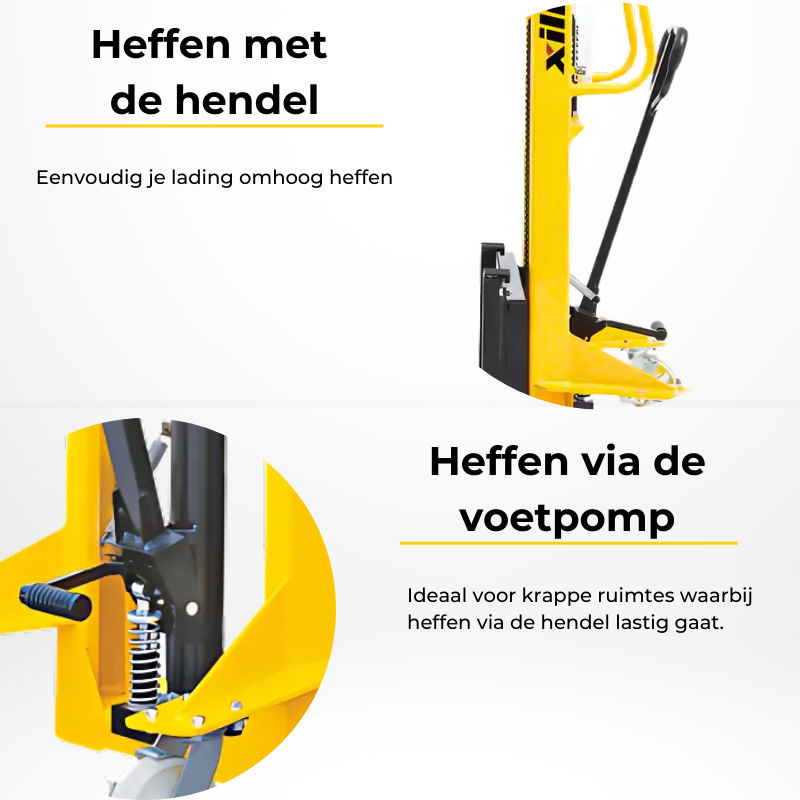 Afbeelding van een gele handmatige stapelaar met een hendel en voetpomp voor het heffen van ladingen.