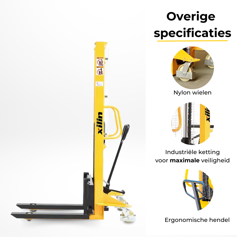 Gele handmatige stapelaar met nylon wielen, industriële ketting en ergonomische hendel.
