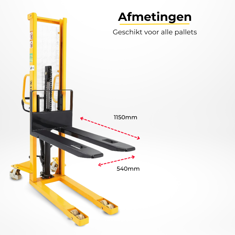 Gele handmatige stapelaar met afmetingen geschikt voor alle pallets.
