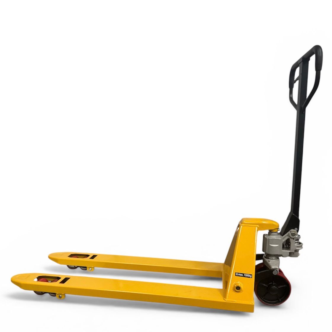Compacte en wendbare palletwagen van 1500KG met ergonomische hendel, ideaal voor het verplaatsen van pallets in krappe ruimtes