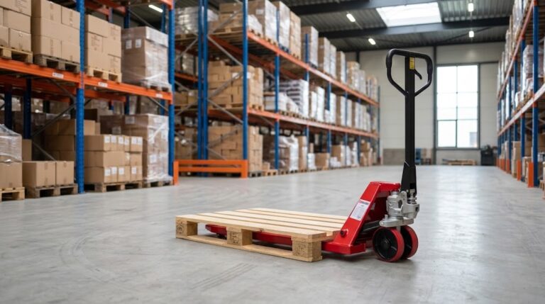 Rode Weldon handpalletwagen met europallet in magazijn